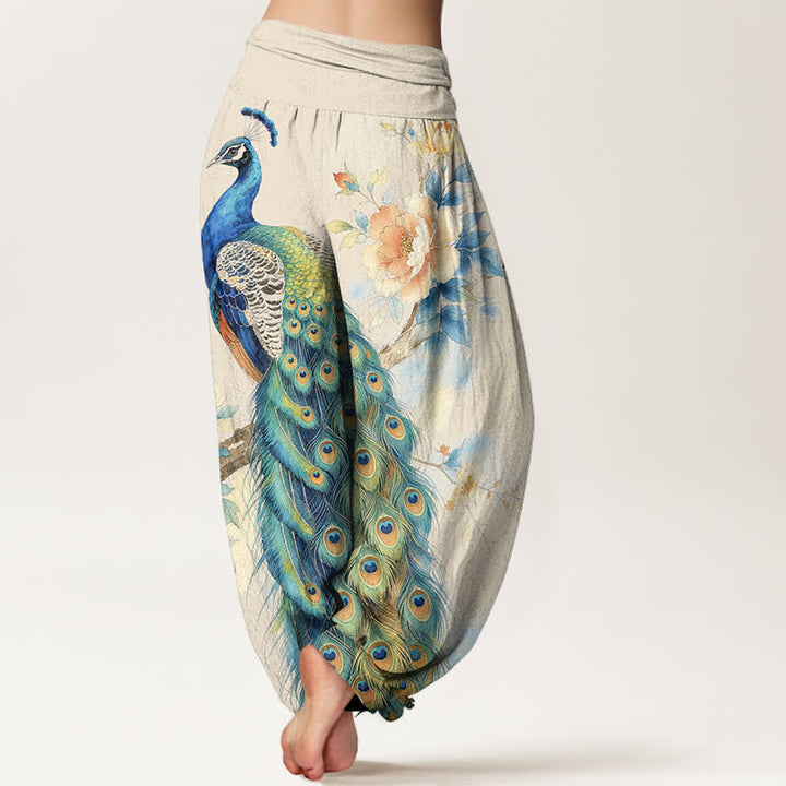 Buddha Stones Cotton Peacock Floral Pattern Women's Elastic Waist Harem Pants - image 2
