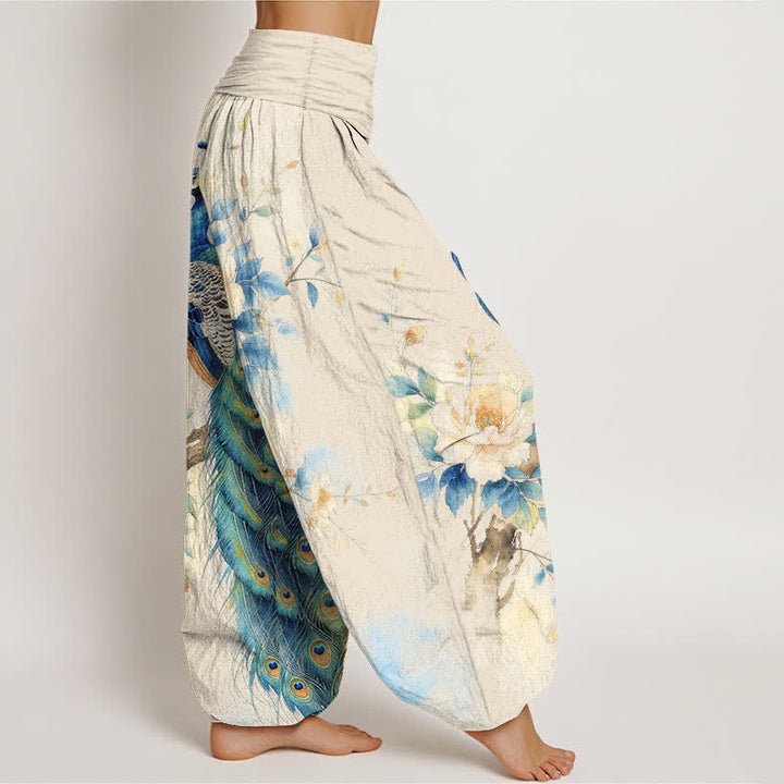 Buddha Stones Cotton Peacock Floral Pattern Women's Elastic Waist Harem Pants - image 1