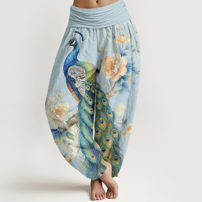 Buddha Stones Cotton Peacock Floral Pattern Women's Elastic Waist Harem Pants - PowderBlue - US16，UK/AU20，EU48 (3XL) - image 5