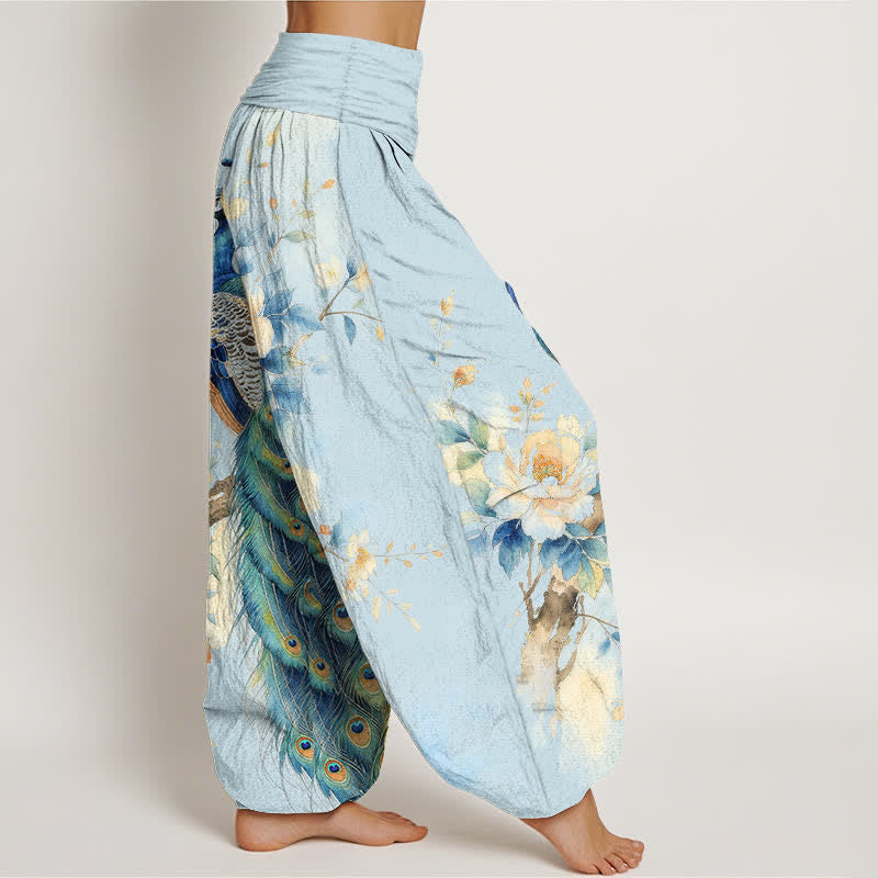 Buddha Stones Cotton Peacock Floral Pattern Women's Elastic Waist Harem Pants - image 6
