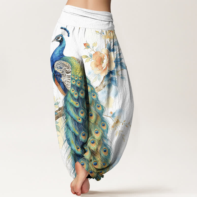 Buddha Stones Cotton Peacock Floral Pattern Women's Elastic Waist Harem Pants - image 10