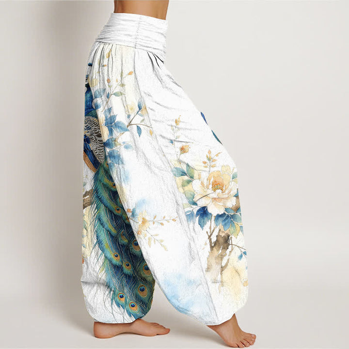 Buddha Stones Cotton Peacock Floral Pattern Women's Elastic Waist Harem Pants - image 9