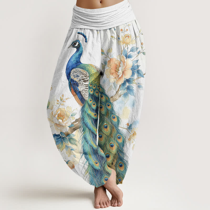 Buddha Stones Cotton Peacock Floral Pattern Women's Elastic Waist Harem Pants - White - US16，UK/AU20，EU48 (3XL) - image 8