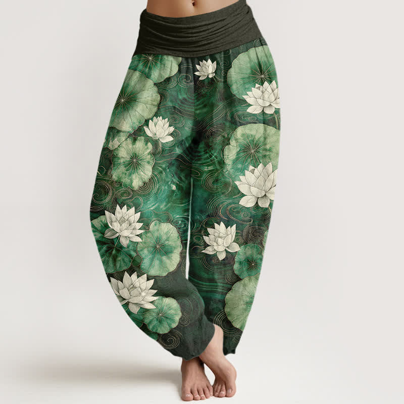 Buddha Stones Cotton Lotus Pond Pattern Women's Elastic Waist Harem Pants - SeaGreen - US16，UK/AU20，EU48 (3XL) - image 0