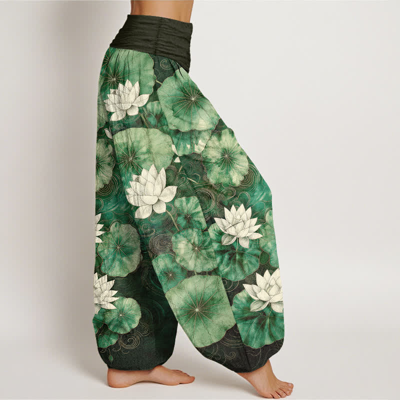 Buddha Stones Cotton Lotus Pond Pattern Women's Elastic Waist Harem Pants - image 1