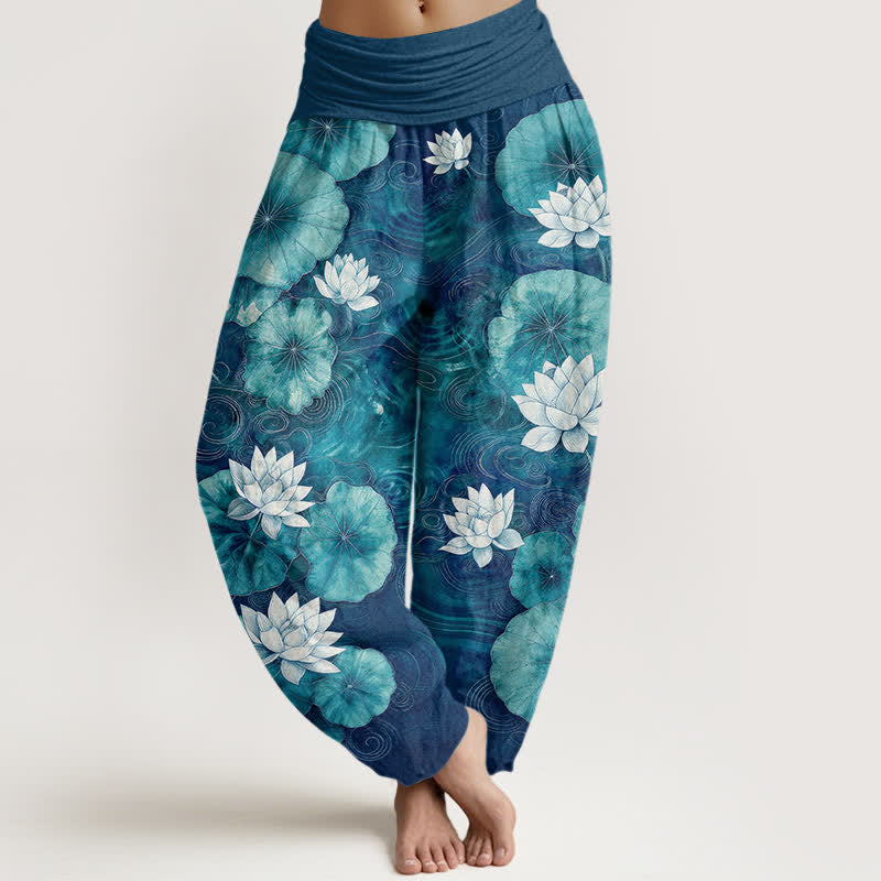 Buddha Stones Cotton Lotus Pond Pattern Women's Elastic Waist Harem Pants - Teal - US16，UK/AU20，EU48 (3XL) - image 5