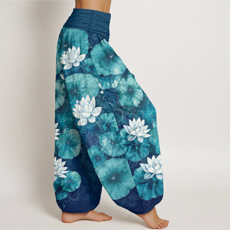 Buddha Stones Cotton Lotus Pond Pattern Women's Elastic Waist Harem Pants - image 6