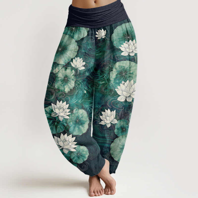 Buddha Stones Cotton Lotus Pond Pattern Women's Elastic Waist Harem Pants - Navy - US16，UK/AU20，EU48 (3XL) - image 8