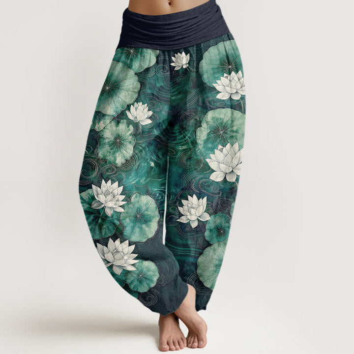 Buddha Stones Cotton Lotus Pond Pattern Women's Elastic Waist Harem Pants - Navy - US16，UK/AU20，EU48 (3XL) - image 8
