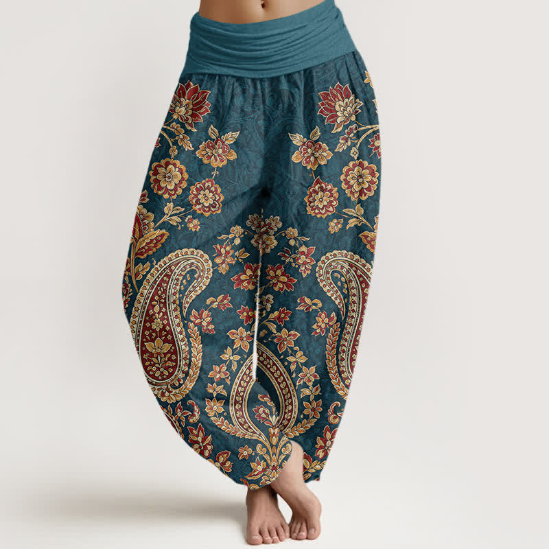 Buddha Stones Cotton Paisley Floral Pattern Women's Elastic Waist Harem Pants - Teal - US16，UK/AU20，EU48 (3XL) - image 0