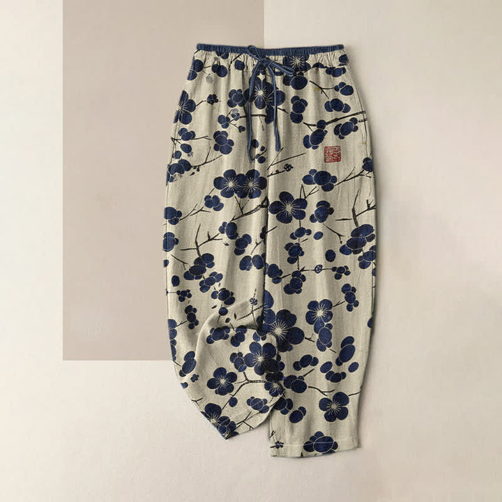 Buddha Stones Pure Cotton Indigo Blossom Pattern Women's Elastic Waist Pants With Pockets - Ivory - US16，UK/AU20，EU48 (3XL) - image 0
