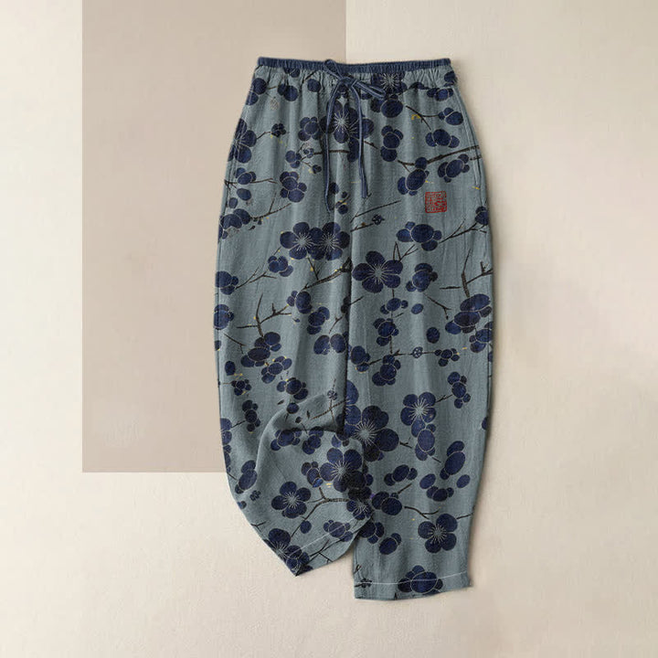 Buddha Stones Pure Cotton Indigo Blossom Pattern Women's Elastic Waist Pants With Pockets - LightSteelBlue - US16，UK/AU20，EU48 (3XL) - image 3
