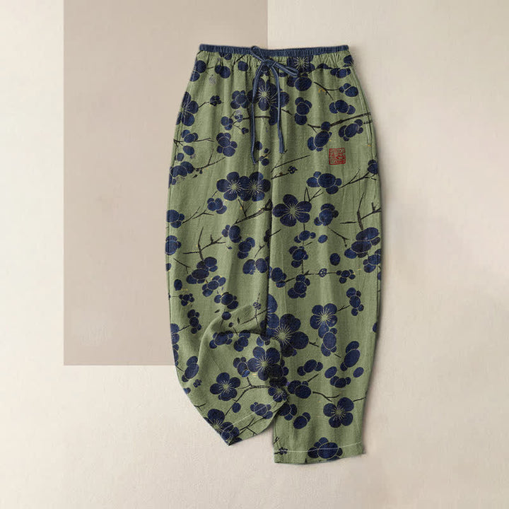 Buddha Stones Pure Cotton Indigo Blossom Pattern Women's Elastic Waist Pants With Pockets - OliveDrab - US16，UK/AU20，EU48 (3XL) - image 4