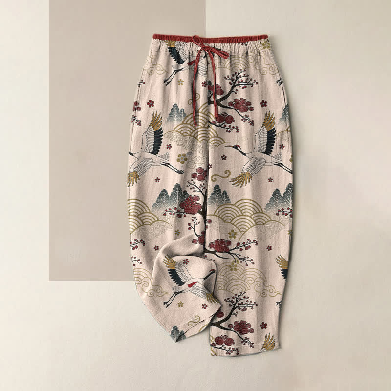 Buddha Stones Pure Cotton Graceful Crane and Plum Blossom Pattern Women's Elastic Waist Pants With Pockets - LavenderBlush - US16，UK/AU20，EU48 (3XL) - image 4