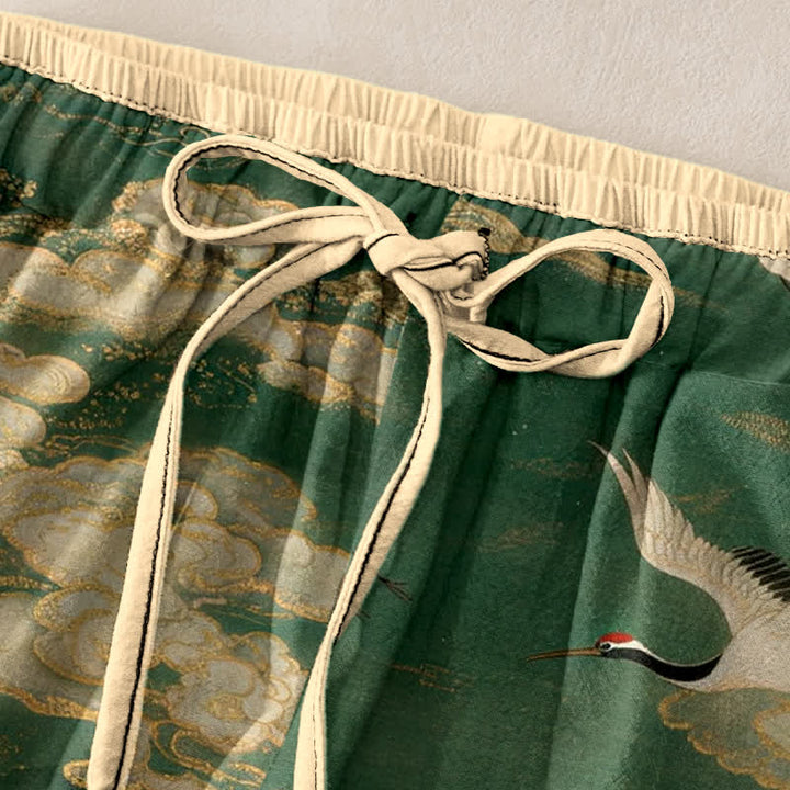 Buddha Stones Pure Cotton Elegant Crane Blossom Pattern Women's Elastic Waist Pants With Pockets - image 1
