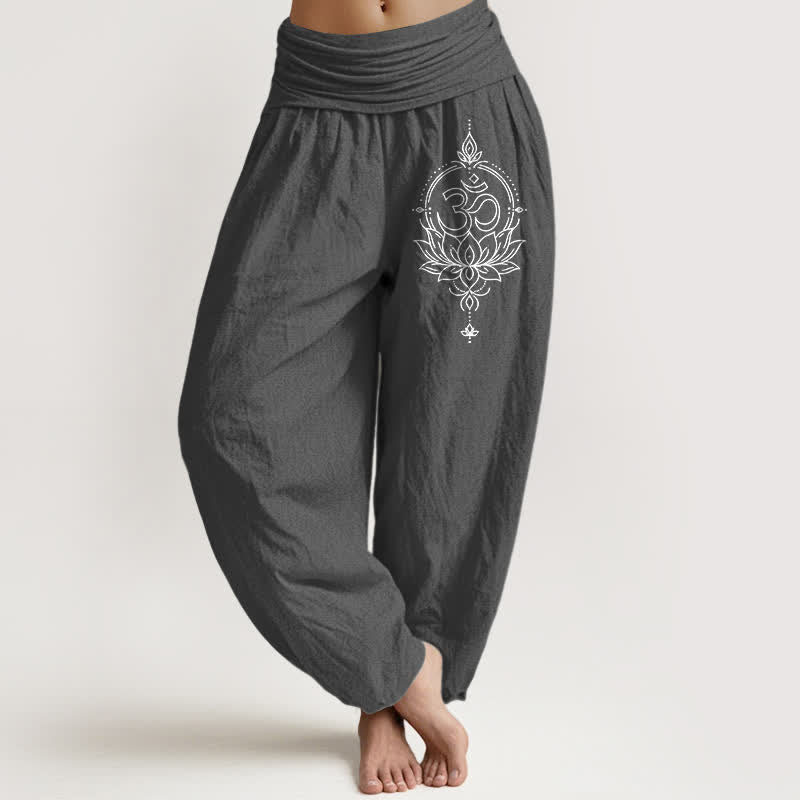 Buddha Stones Pure Cotton Lotus Om Mandala Pattern Women's Elastic Waist Harem Pants - DimGray - US16，UK/AU20，EU48 (3XL) - image 8