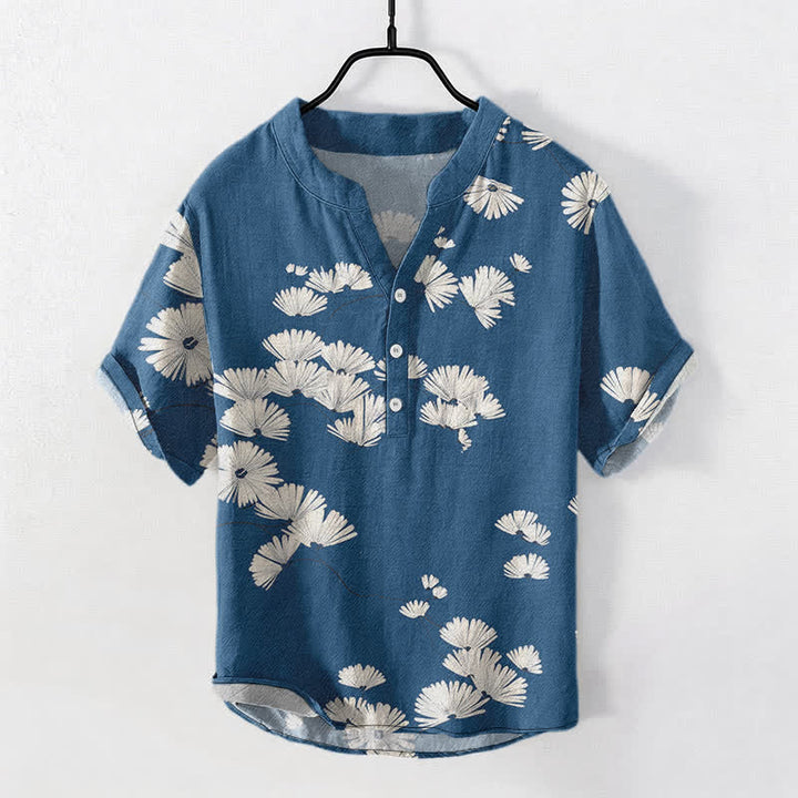 Buddha Stones Cotton White Daisy Pattern Men's Short Sleeve Half Button Shirt - RoyalBlue - US/UK/AU50，EU60 (5XL) - image 0