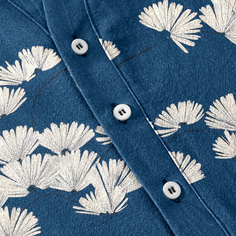 Buddha Stones Cotton White Daisy Pattern Men's Short Sleeve Half Button Shirt - image 3