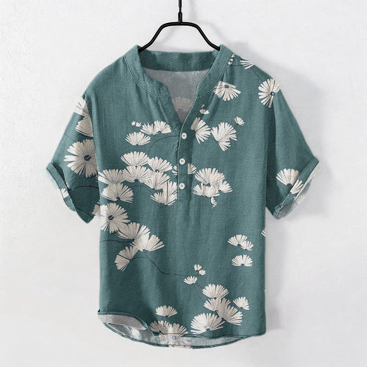 Buddha Stones Cotton White Daisy Pattern Men's Short Sleeve Half Button Shirt - Teal - US/UK/AU50，EU60 (5XL) - image 5