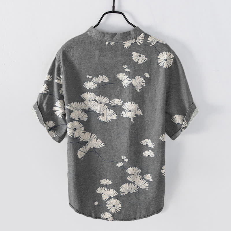 Buddha Stones Cotton White Daisy Pattern Men's Short Sleeve Half Button Shirt - image 8