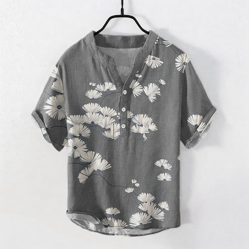 Buddha Stones Cotton White Daisy Pattern Men's Short Sleeve Half Button Shirt - Gray - US/UK/AU50，EU60 (5XL) - image 7