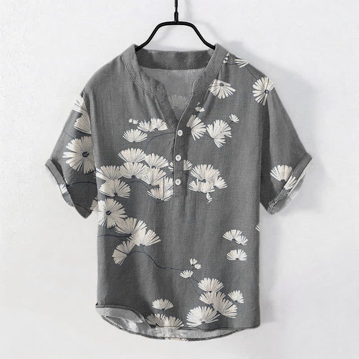 Buddha Stones Cotton White Daisy Pattern Men's Short Sleeve Half Button Shirt - Gray - US/UK/AU50，EU60 (5XL) - image 7