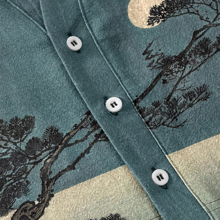Buddha Stones Cotton Moonlit Coast Pine Pattern Men's Short Sleeve Half Button Shirt - image 3