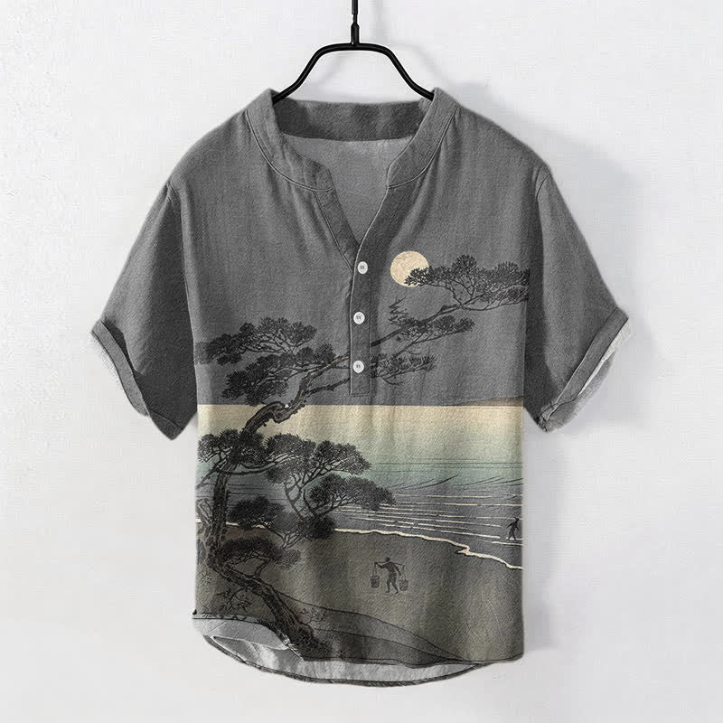 Buddha Stones Cotton Moonlit Coast Pine Pattern Men's Short Sleeve Half Button Shirt - Gray - US/UK/AU50，EU60 (5XL) - image 5