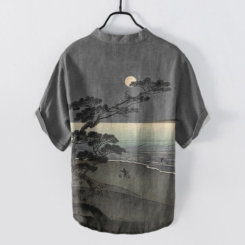 Buddha Stones Cotton Moonlit Coast Pine Pattern Men's Short Sleeve Half Button Shirt - image 6