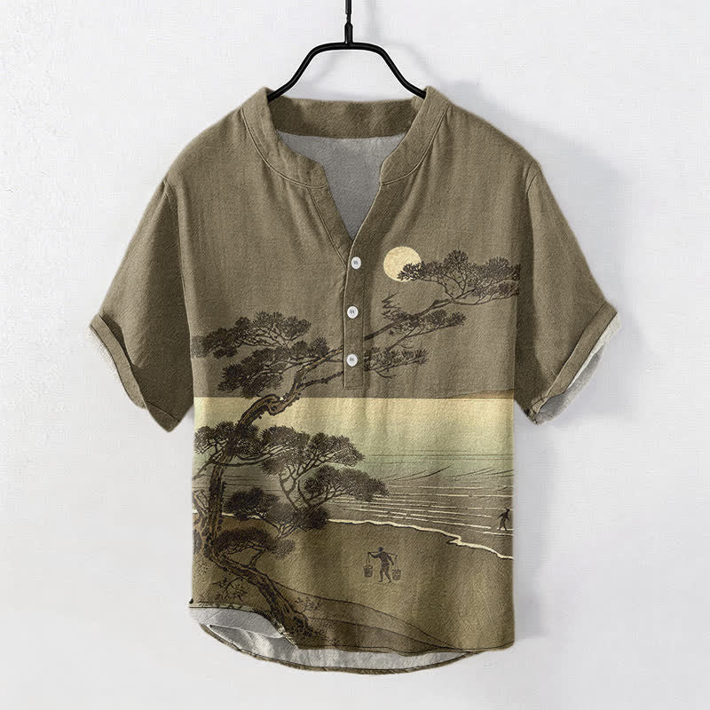 Buddha Stones Cotton Moonlit Coast Pine Pattern Men's Short Sleeve Half Button Shirt - Olive - US/UK/AU50，EU60 (5XL) - image 7