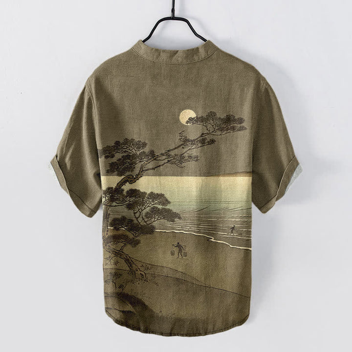 Buddha Stones Cotton Moonlit Coast Pine Pattern Men's Short Sleeve Half Button Shirt - image 8