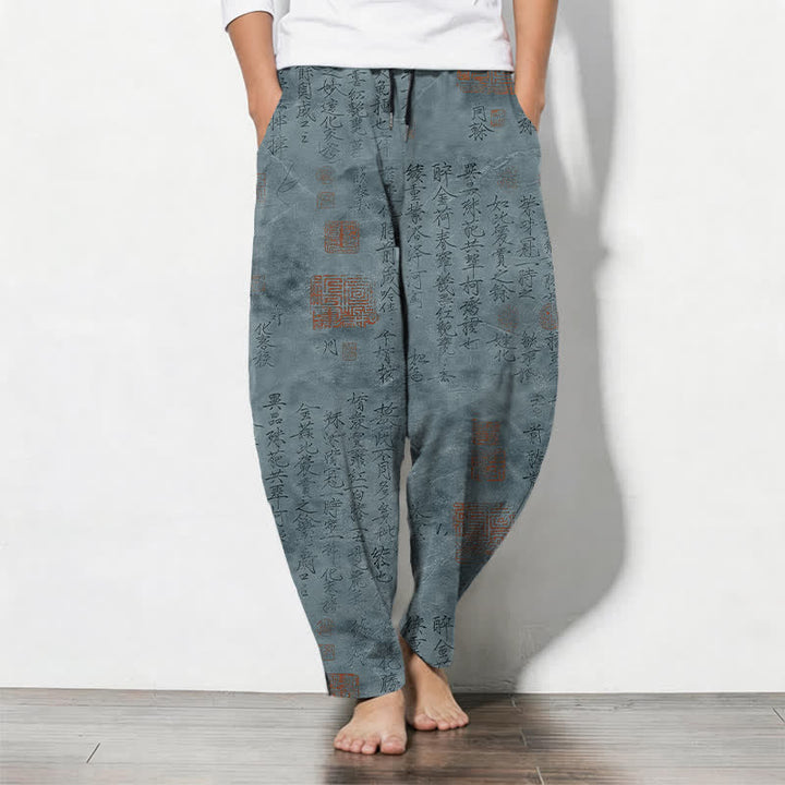 Buddha Stones Pure Cotton Vintage Calligraphy Seal Pattern Drawstring Men's Tapered Pants With Pockets - CadetBlue - US/UK/AU50，EU60 (5XL) - image 7