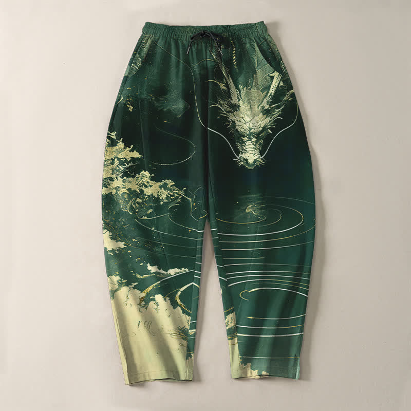 Buddha Stones Pure Cotton Golden Dragon Wave Pattern Drawstring Men's Tapered Pants With Pockets - image 13