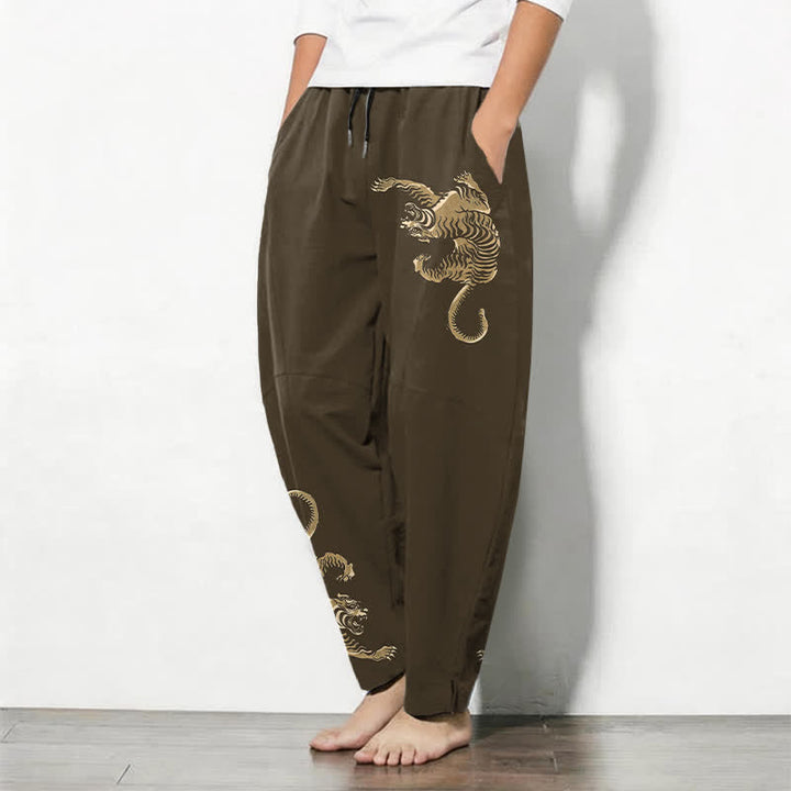 Buddha Stones Pure Cotton Golden Tiger Pattern Drawstring Men's Tapered Pants With Pockets - image 1