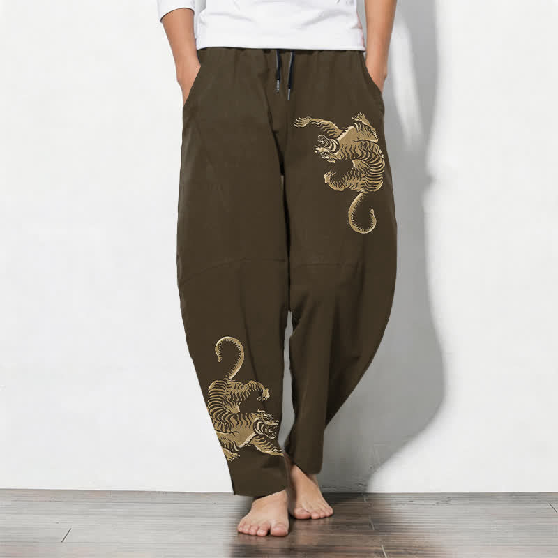 Buddha Stones Pure Cotton Golden Tiger Pattern Drawstring Men's Tapered Pants With Pockets - SaddleBrown - US/UK/AU50，EU60 (5XL) - image 0
