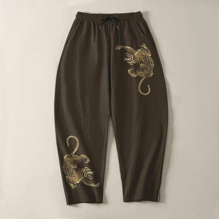 Buddha Stones Pure Cotton Golden Tiger Pattern Drawstring Men's Tapered Pants With Pockets - image 2