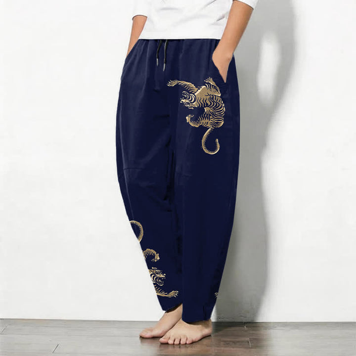 Buddha Stones Pure Cotton Golden Tiger Pattern Drawstring Men's Tapered Pants With Pockets - image 8
