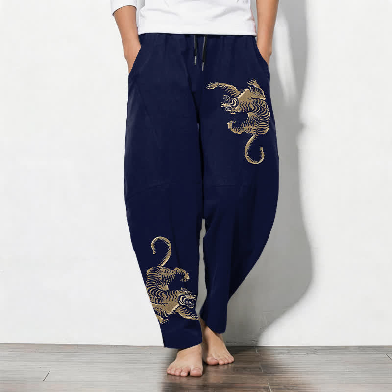Buddha Stones Pure Cotton Golden Tiger Pattern Drawstring Men's Tapered Pants With Pockets - MidnightBlue - US/UK/AU50，EU60 (5XL) - image 7