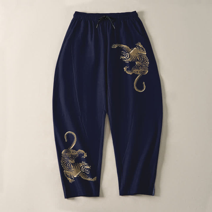 Buddha Stones Pure Cotton Golden Tiger Pattern Drawstring Men's Tapered Pants With Pockets - image 9