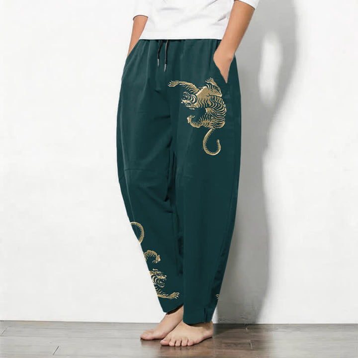 Buddha Stones Pure Cotton Golden Tiger Pattern Drawstring Men's Tapered Pants With Pockets - image 12
