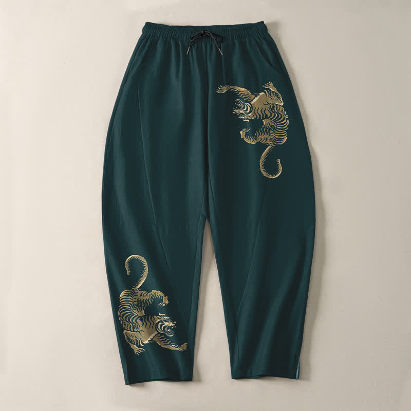 Buddha Stones Pure Cotton Golden Tiger Pattern Drawstring Men's Tapered Pants With Pockets - image 13