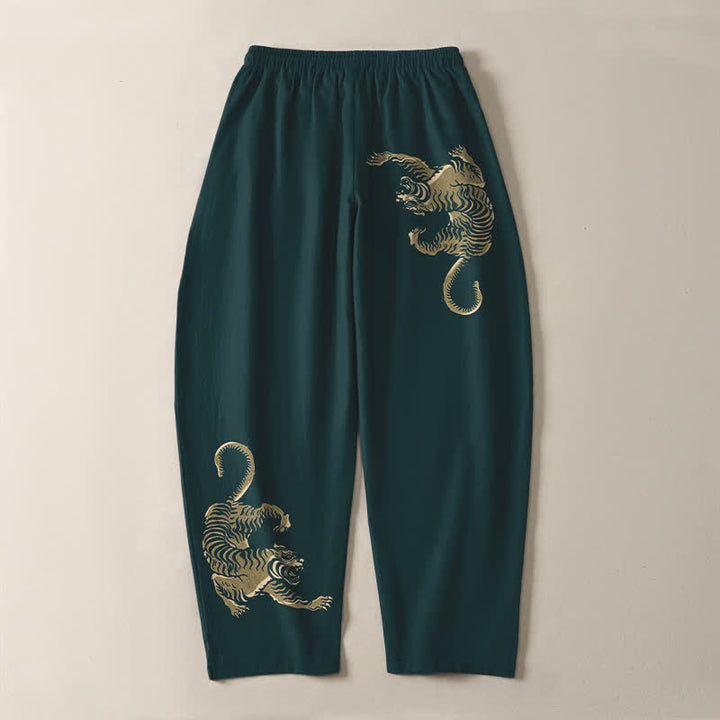 Buddha Stones Pure Cotton Golden Tiger Pattern Drawstring Men's Tapered Pants With Pockets - image 14