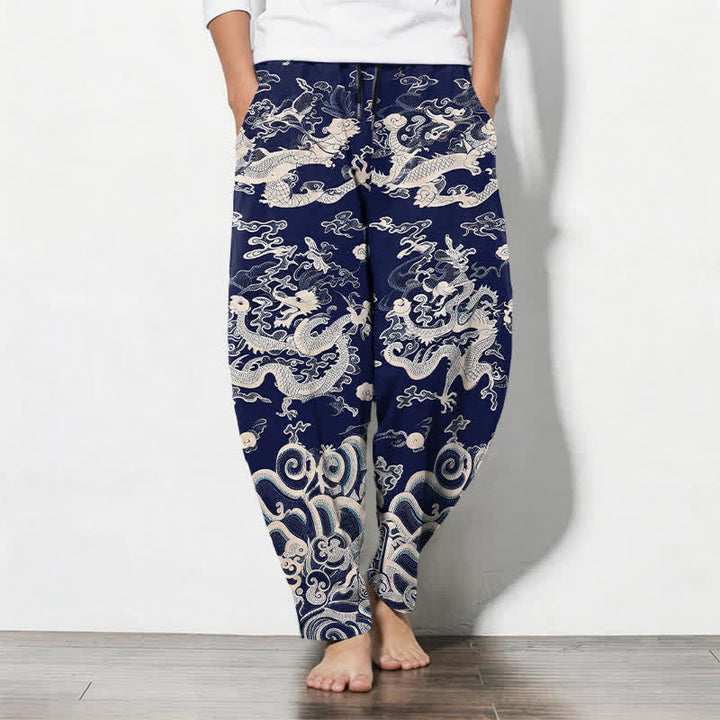 Buddha Stones Pure Cotton Dragon Wave Pattern Drawstring Men's Tapered Pants With Pockets - Navy - US/UK/AU50，EU60 (5XL) - image 0