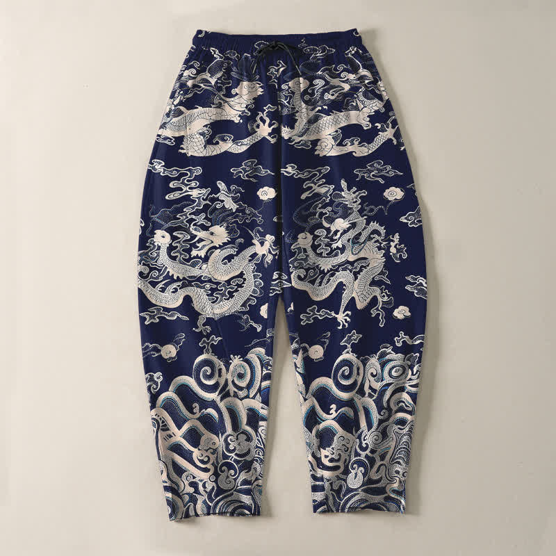Buddha Stones Pure Cotton Dragon Wave Pattern Drawstring Men's Tapered Pants With Pockets - image 2