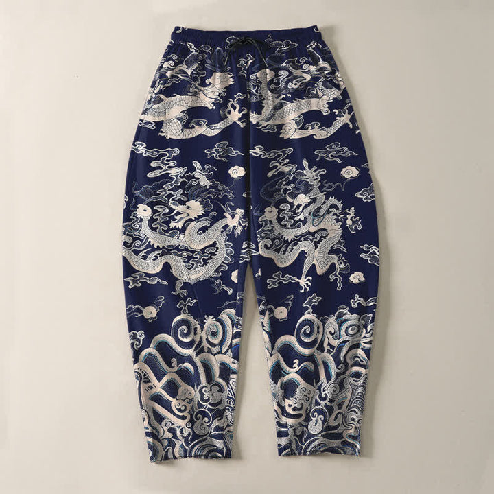 Buddha Stones Pure Cotton Dragon Wave Pattern Drawstring Men's Tapered Pants With Pockets - image 2