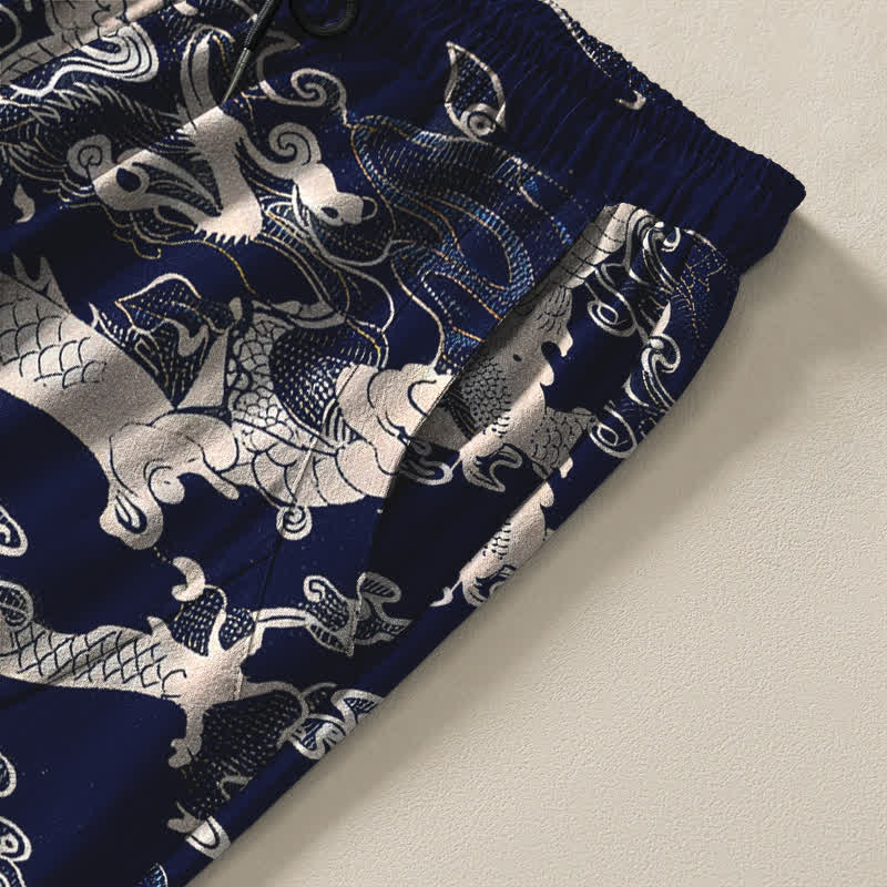 Buddha Stones Pure Cotton Dragon Wave Pattern Drawstring Men's Tapered Pants With Pockets - image 4