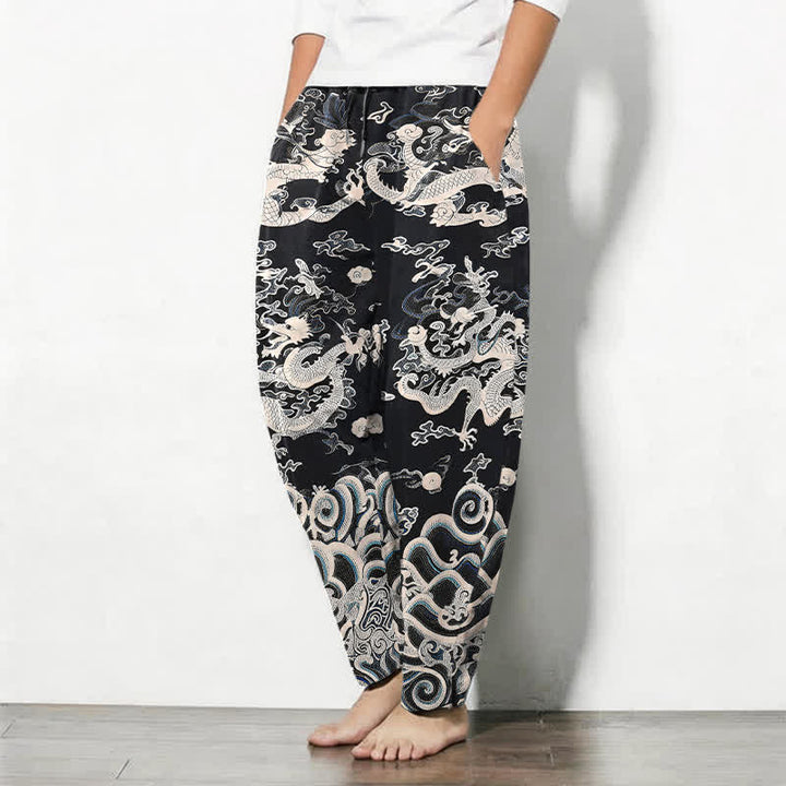 Buddha Stones Pure Cotton Dragon Wave Pattern Drawstring Men's Tapered Pants With Pockets - image 8