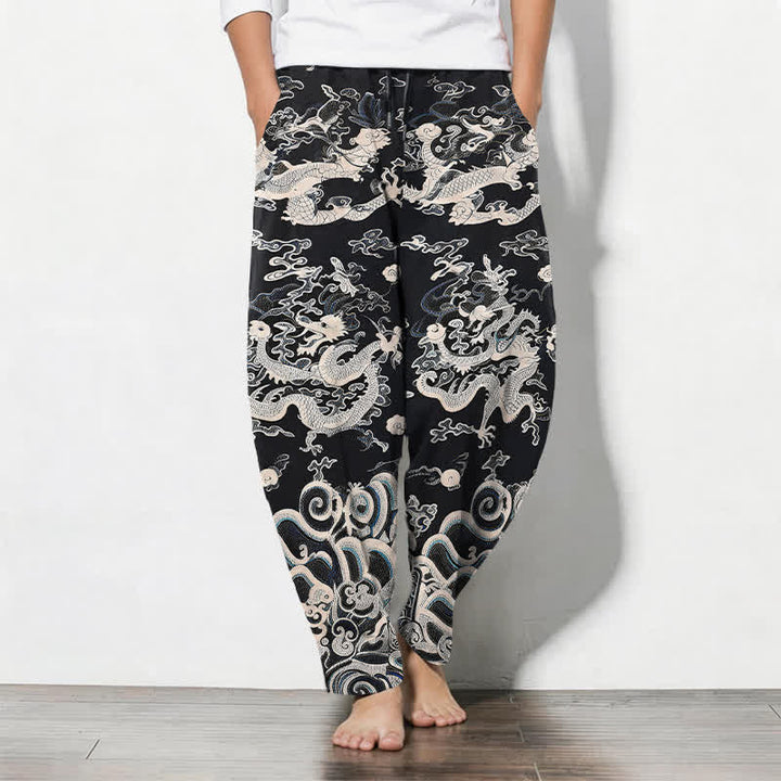 Buddha Stones Pure Cotton Dragon Wave Pattern Drawstring Men's Tapered Pants With Pockets - Black - US/UK/AU50，EU60 (5XL) - image 7