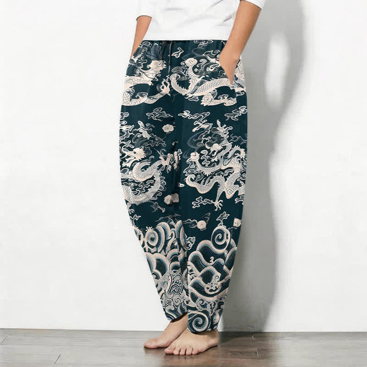 Buddha Stones Pure Cotton Dragon Wave Pattern Drawstring Men's Tapered Pants With Pockets - image 12