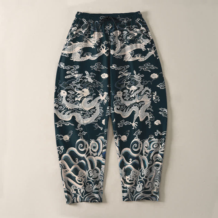 Buddha Stones Pure Cotton Dragon Wave Pattern Drawstring Men's Tapered Pants With Pockets - image 13
